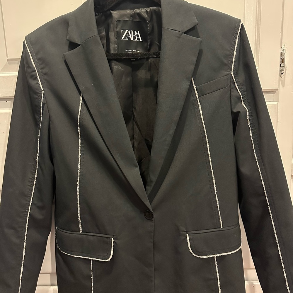 Zara Elegant Datk Gray lined one button Jacket decorative stitching Small